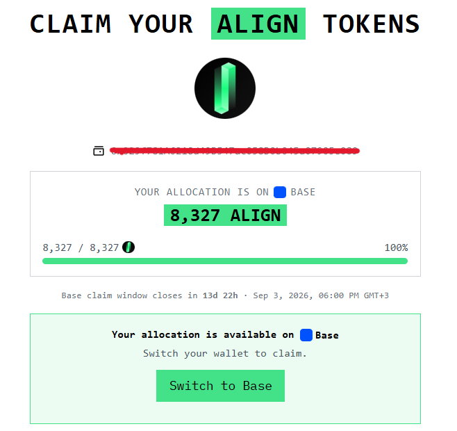 A token claim interface showing 'CLAIM YOUR ALIGN TOKENS' with an allocation of 8,327 ALIGN on the Base network, featuring a switch wallet option and a claim window closing countdown.