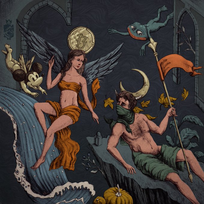 A fantasy illustration depicts a winged woman in golden garments beside a blindfolded man with a crescent moon holding a flag, with a frog-like creature and Mickey Mouse-like figure floating above.