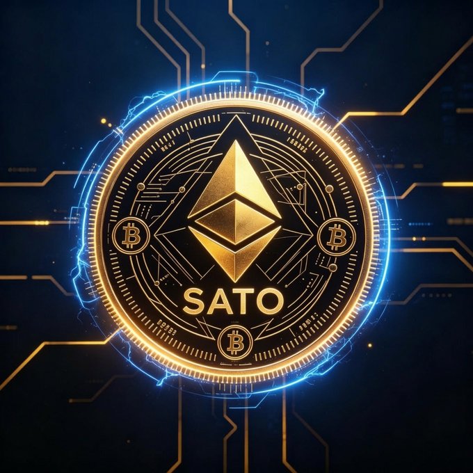 A stylized digital coin featuring the Ethereum logo with the text 'SATO' below it, surrounded by Bitcoin symbols and glowing blue electrical effects against a dark technological background.