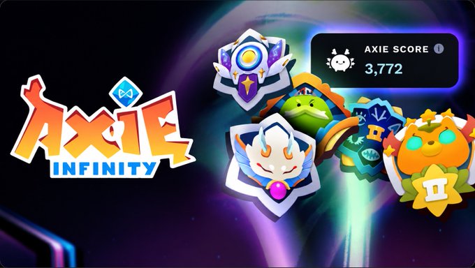 An “Axie Infinity” banner displays colorful Axie characters, badges, and a panel reading “AXIE SCORE 3,772.” It illustrates how collecting Axies, playing, earning achievements, joining events, and collecting badges can grow a player’s Axie Score.
