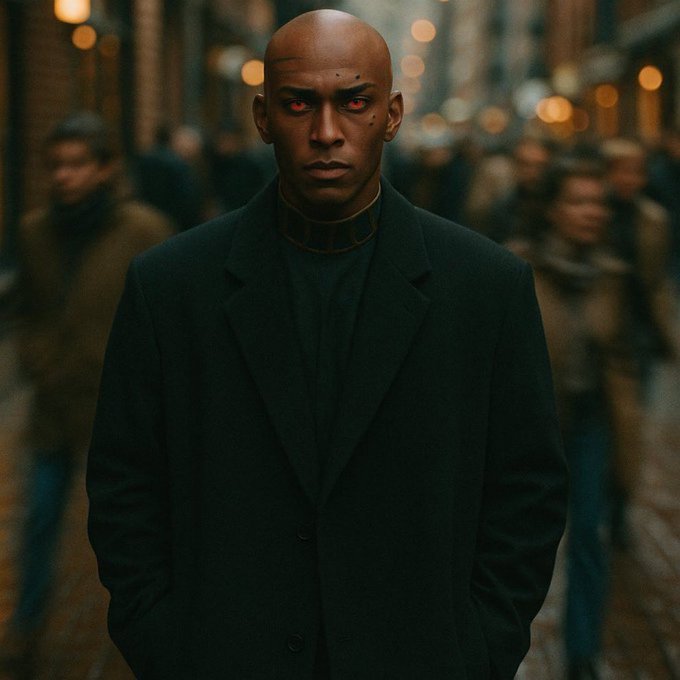 A bald man in a dark coat stands in a crowded street with striking red eyes, in a cinematic portrait style.