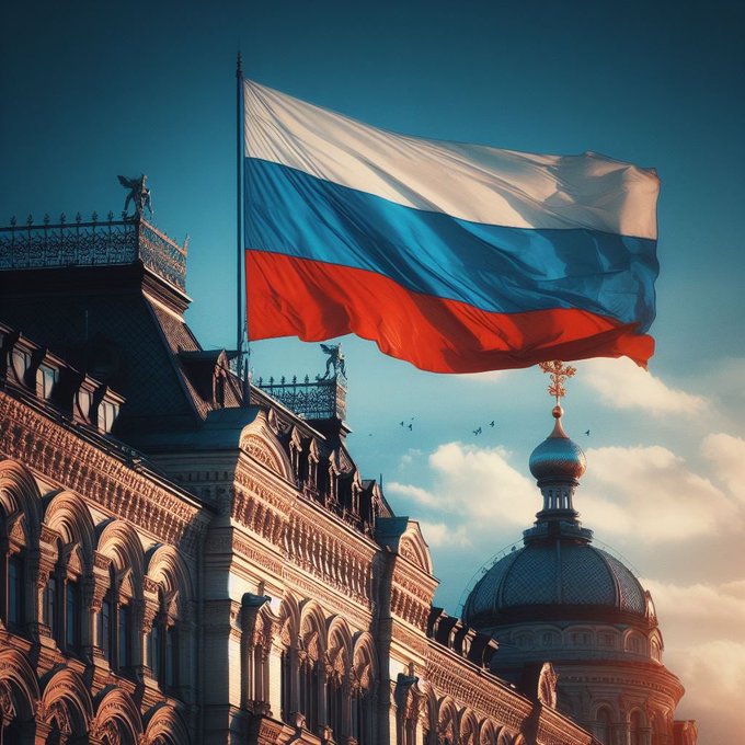 The Russian flag waves prominently above an ornate building featuring a distinctive onion dome against a partly cloudy sky, symbolizing Russia's forward momentum as it officially opens applications for crypto exchange registration under its new regulatory framework.