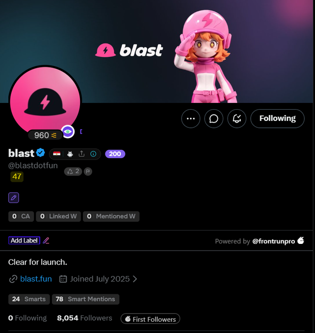A Twitter/X profile screenshot for 'blast' (@blastdotfun) showing a pink bell logo mascot, with 8,054 followers and the bio 'Clear for launch.'