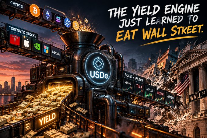 A promotional graphic reading 'THE YIELD ENGINE JUST LEARNED TO EAT WALL STREET' featuring a USDe token and logos for Bitcoin, Ethereum, Solana, Tesla, Nvidia, and other equities.
