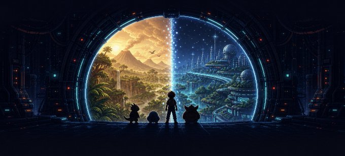 A digital artwork showing two characters and a small creature standing in silhouette before a large circular portal or window that reveals a split scene: a warm, sunset-lit tropical landscape on the left and a cool, futuristic cityscape on the right.