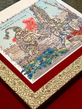 An artwork on a red surface depicting a medieval knight battle scene created on layered paper, combining vintage book page text with colorful illustration.