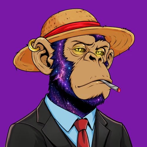 A digital illustration of an anthropomorphic monkey wearing a straw hat, gold earring, and business suit with red tie, smoking a cigarette, featuring a galaxy/cosmic pattern on its face against a purple background.