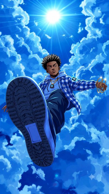 Anime-style illustration of a young man with curly hair wearing a blue checkered shirt, captured mid-air with his sneaker sole prominent against a bright blue sky with clouds.