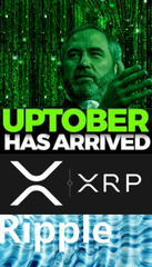 A green-toned promotional graphic displays the text 'UPTOBER HAS ARRIVED' alongside logos for XRP and Ripple.