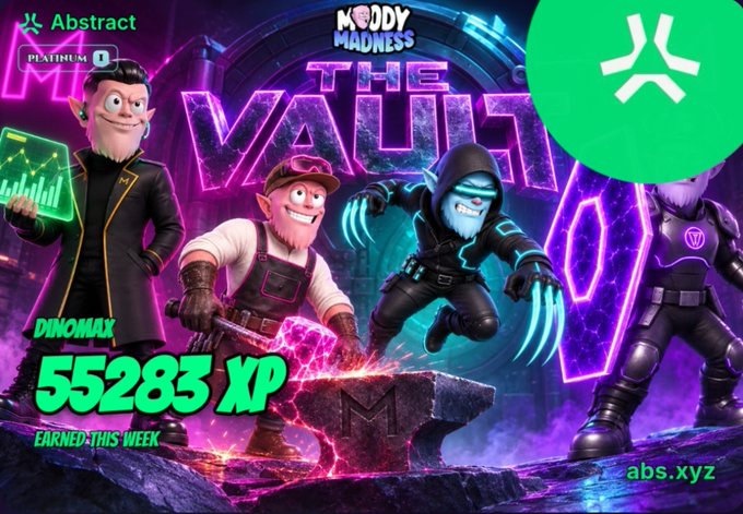 A colorful promotional graphic for 'KODDY MADNESS THE VAULT' featuring cartoon characters, with text 'Abstract PLATINUM 0', 'DINOMAX', '55283 XP EARNED THIS WEEK', and 'abs.xyz' branding.