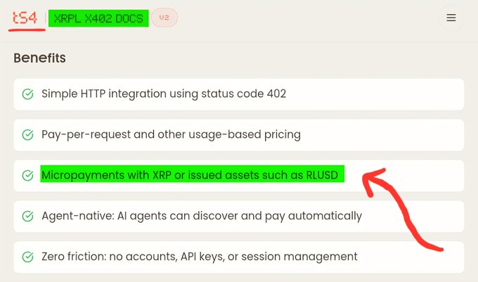 A screenshot from the tS4 XRPL x402 Docs page highlighting micropayments with XRP or issued assets such as RLUSD among the facilitator benefits, which aligns with the post noting support for XRP and RLUSD micropayments.