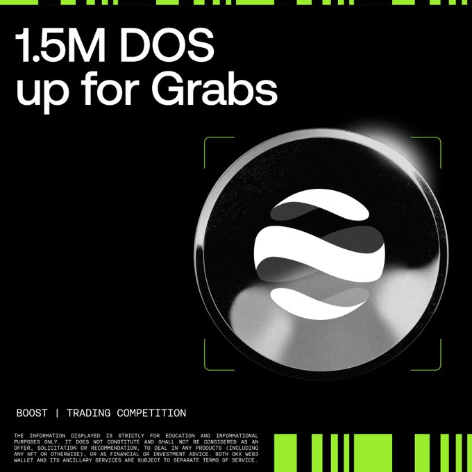 The image is a promotional graphic with a black background and green accents announcing a "1.5M DOS up for Grabs" Boost Trading Competition, featuring a metallic silver token displaying the DOS logo at its center. The text and design align with the post's announcement of a 1.5 million $DOS prize pool trading competition being held on OKX Web3 in partnership with @dappOS_com.