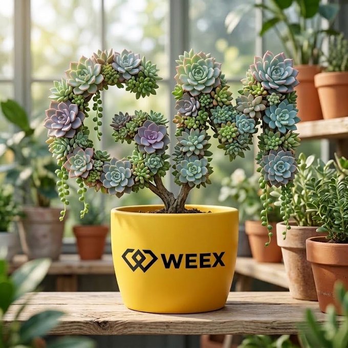 A potted succulent plant shaped like the letters 'CRM' sits in a yellow pot branded with the 'WEEX' logo, displayed in a sunlit greenhouse setting.