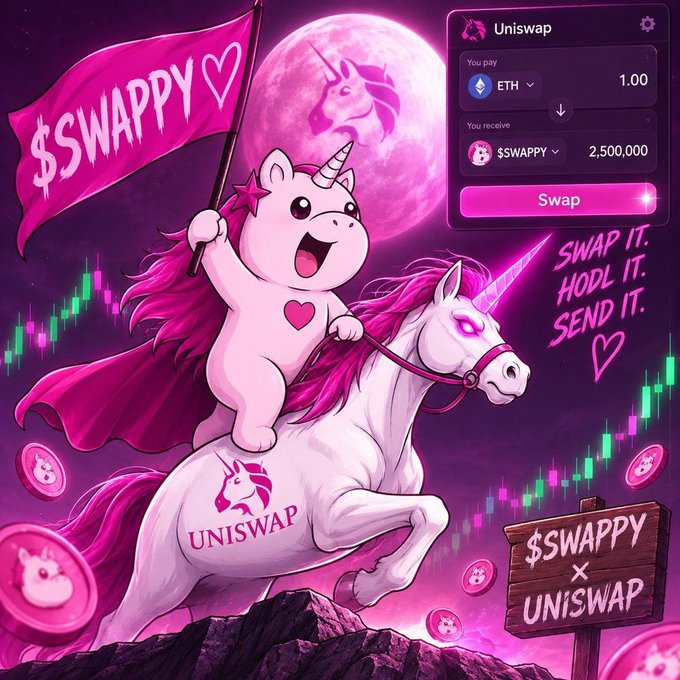 A pink unicorn character wearing a cape holds a "$SWAPPY" flag while riding a rearing white unicorn with the Uniswap logo, set against a moonlit sky with trading charts. A Uniswap swap interface shows exchanging 1.00 ETH for 2,500,000 $SWAPPY, reinforcing the post's theme of community-driven $SWAPPY token energy on Uniswap.