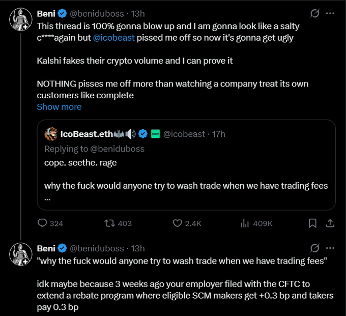 A Twitter/X thread from verified user @beniduboss accusing Kalshi of faking crypto volume, with a reply from @icobeast defending the company against wash trading allegations.