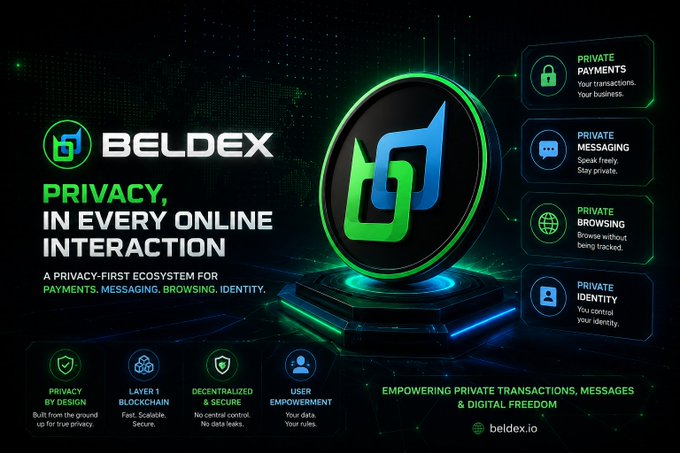 An advertisement for 'BELDEX' privacy-focused cryptocurrency ecosystem, highlighting features like private payments, messaging, browsing, and identity across a decentralized blockchain at beldex.io.