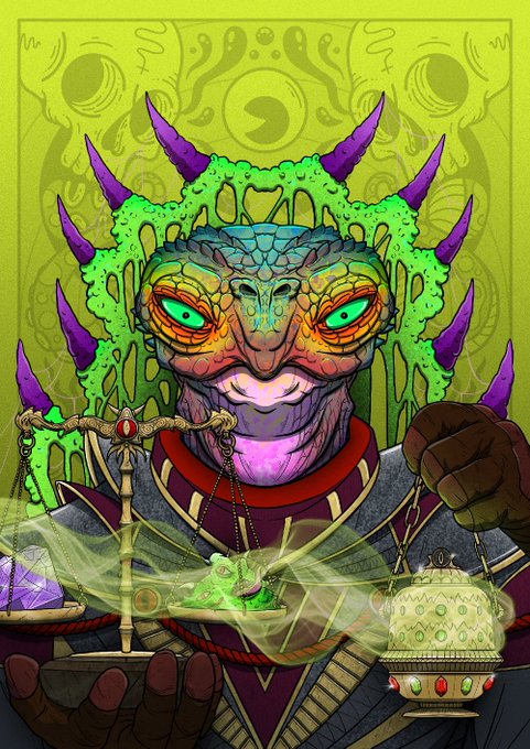 A vibrant, colorful illustration of a demonic, multi-eyed green and purple character holding a glowing green scale of justice.