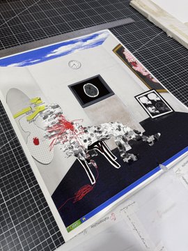 A collage featuring a sneaker, a chrome ring, a framed photo, and a "GEISHA" text element is displayed alongside an open notebook, tying into the casual "gm!" (good morning) greeting. The artwork's eclectic mix of pop culture and fashion imagery creates a stylish, eye-catching backdrop for the cheerful message.
