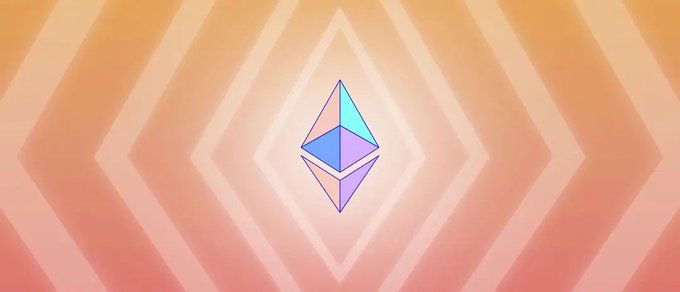 A digital illustration featuring a stylized Ethereum logo in shades of blue and purple, centered against a background of concentric diamond shapes in a warm orange and peach gradient.