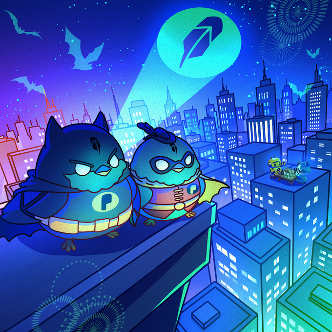 A cartoon-style digital illustration of two round, blue penguin-like birds dressed as Batman and Robin perched on a building ledge overlooking a neon-lit city at night, with an owl logo signal in the sky.
