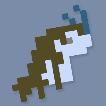 A pixel art design on a solid gray background featuring a stylized creature or character composed of brown, white, and blue squares, rotated at an angle. The image serves as an example of a custom pixel-by-pixel profile picture, fitting the promotion for a pixel pfp creation tool.