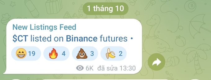 A Telegram post dated "1 tháng 10" announces "$CT listed on Binance futures" in the New Listings Feed, showing 19 laugh reactions, 4 fire, 3 poop, and 2 banana reactions with 6K views at 13:30. The image confirms the prediction from @ConcreteXYZ about $CT's Binance futures listing, showing community excitement alongside some skepticism.