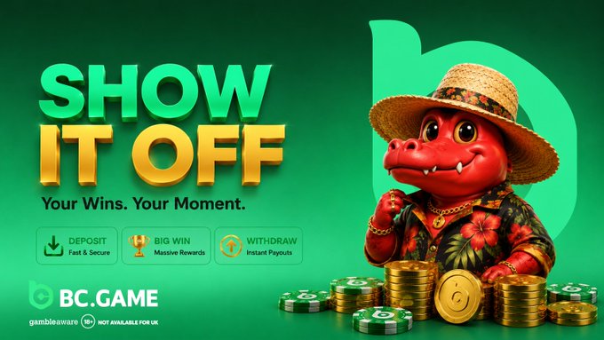 An advertisement for BC.GAME featuring the text 'SHOW IT OFF Your Wins. Your Moment.' alongside a red crocodile mascot in a Hawaiian shirt and straw hat surrounded by gold coins.