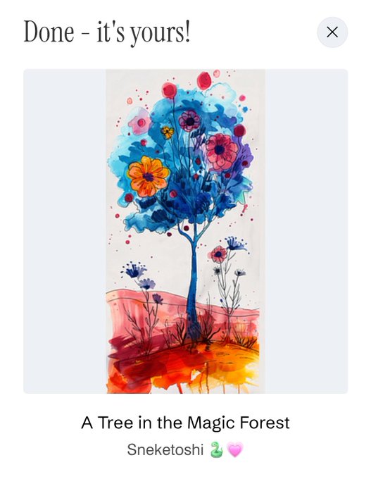 A digital artwork titled 'A Tree in the Magic Forest' by Sneketoshi, featuring a stylized tree with vibrant blue, red, and orange watercolor splashes.