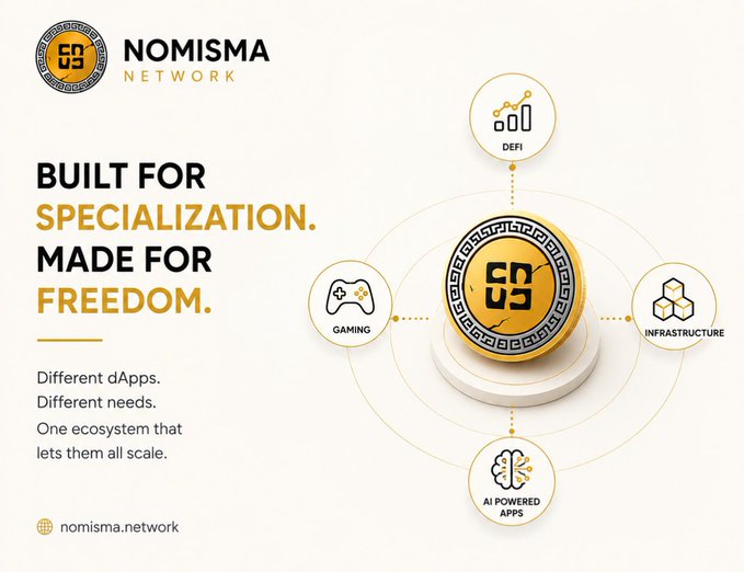 The image is a promotional graphic for **Nomisma Network**, featuring its logo (a gold coin with a Greek key border and "NS" emblem) surrounded by four ecosystem pillars: DeFi, Gaming, Infrastructure, and AI Powered Apps. It includes the tagline *"Built for Specialization. Made for Freedom"* and the website *nomisma.network*.

**Caption:** A Nomisma Network infographic highlighting its four-pillar ecosystem—DeFi, Gaming, Infrastructure, and AI Powered Apps—underscoring how purpose-built blockchain infrastructure supports AI-driven decentralized finance.