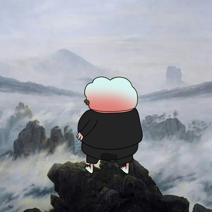 A cartoon figure with a puffy white head stands with their back turned, gazing out over a misty, mountainous landscape reminiscent of a traditional Chinese painting. The contemplative scene evokes a sense of vast potential and foresight, mirroring the post's ambitious vision of expanding across diverse crypto trading platforms.