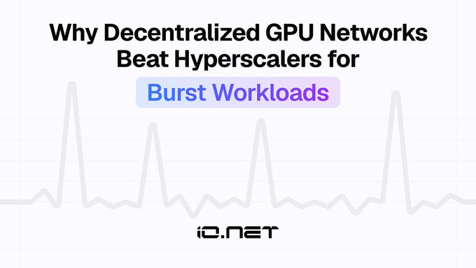 A graphic titled "Why Decentralized GPU Networks Beat Hyperscalers for Burst Workloads" with the io.net logo, showing a heartbeat-style line graph indicating workload spikes.