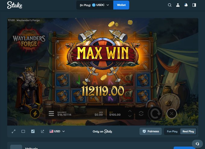 A screenshot from Stake.com's "Waylander's Forge" slot game showing a "MAX WIN" of 112119.00 with a bet of $105.00, supporting the user's claim of their third max win on this game and promoting their $100 tip giveaway to 20 followers who engage with the post.