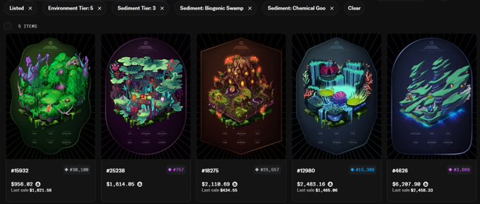 A NFT marketplace page showing 5 items with tags like 'Environment Tier:5' and 'Sediment Tier:3', featuring various floating island biomes priced between $956.82 and $6,207.98.