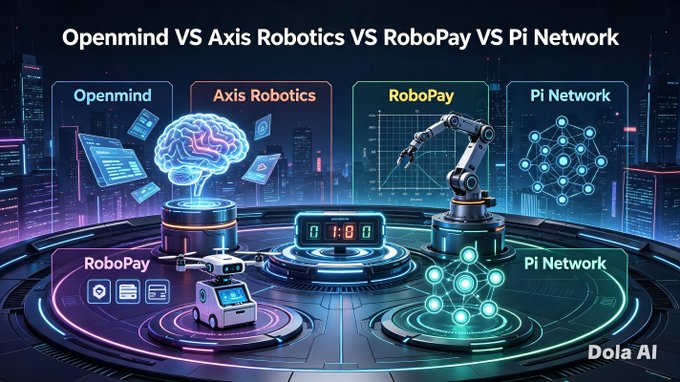 The image is a futuristic graphic titled "Openmind VS Axis Robotics VS RoboPay VS Pi Network," depicting each project as a glowing holographic display—Openmind shown with a brain and screens, Axis Robotics with a robotic arm, RoboPay featuring a delivery robot, and Pi Network represented by a network of connected nodes—visualizing their roles within the decentralized "Machine Economy" backed by Pi Network Ventures.