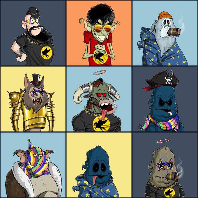 A 3x3 grid of cartoon character portraits with stylized features, including a bearded man with star sunglasses, a green goblin-like figure, and various creatures wearing shirts with a bird-on-skull emblem.