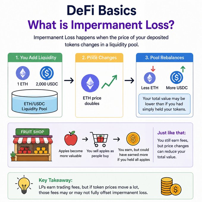 An infographic titled 'DeFi Basics: What is Impermanent Loss?' explaining how token price changes in a liquidity pool reduce total value, using an ETH/USDC example and a fruit shop analogy with a key takeaway about trading fees offsetting losses.