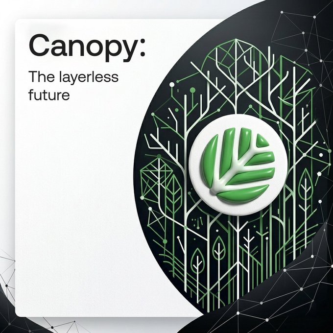 The image features a white banner with black text that reads "Canopy" and "The layerless future". The background of the image is black with green trees and leaves. There are also some lines drawn around the edges of the image, which could be part of an artistic design or used to emphasize certain elements in the post.