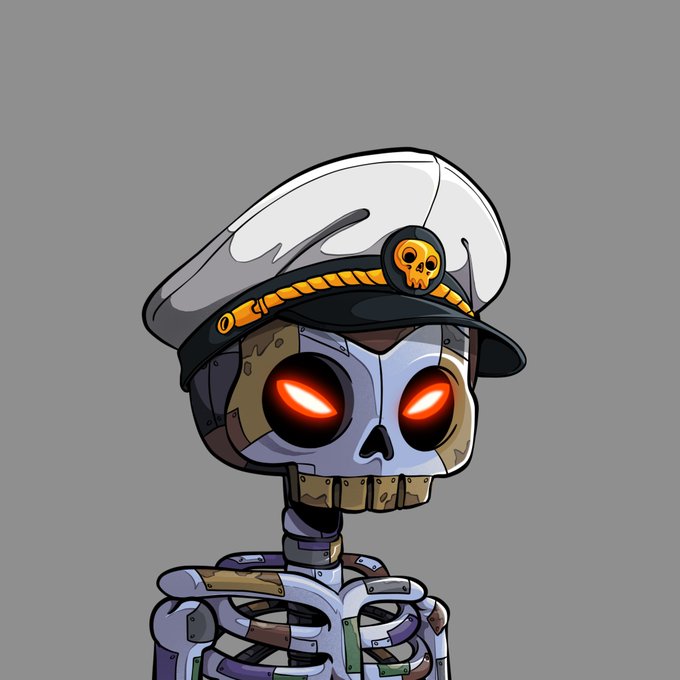 A digital drawing of a robot character with a metallic skull face, glowing orange eyes, and a white captain's hat with a skull emblem, set against a gray background.