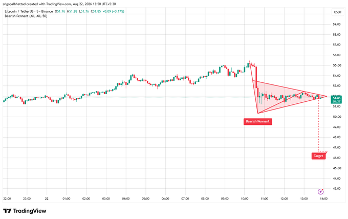 TradingView candlestick chart for Litecoin/USDT on Binance showing a bearish pennant pattern with a target price marked below.