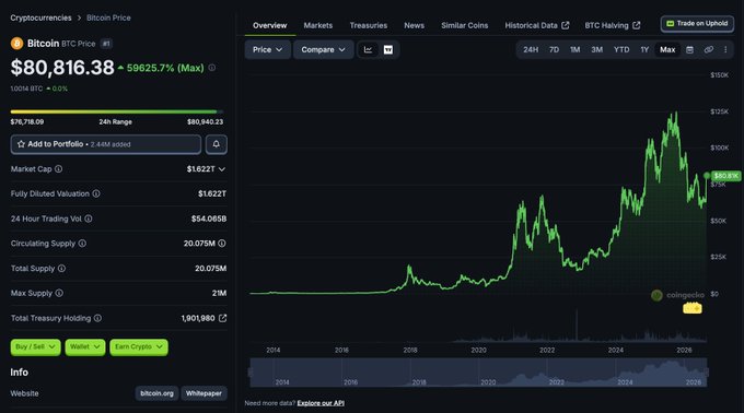 A cryptocurrency tracking page showing Bitcoin's current price at $80,816.38, up 59625.7% from its all-time low, with a chart displaying its price history reaching a peak around 2025.
