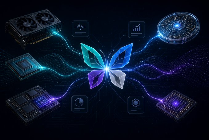 A digital illustration featuring a central glowing butterfly composed of blue, green, purple, and white wings, surrounded by computer hardware components like GPUs and chips connected by flowing light trails and icons representing analytics.