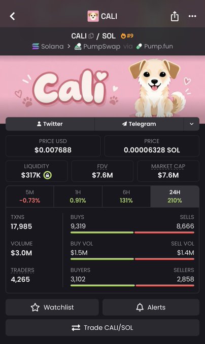 A cryptocurrency trading screen displays the token CALI/SOL on Solana, showing a price of $0.007688, a market cap of $7.6M, and 24H volume of $3.0M, with a cartoon dog illustration at the top.