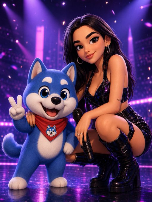 An animated Dua Lipa crouches on a stage in a sparkly purple outfit, posing with a microphone alongside a cheerful blue and white dog mascot wearing a red bandana with its own face logo, set against a vibrant concert backdrop.

The image ties into the post's "Happy Birthday, Dua Lipa" theme by showing the singer in a celebratory concert pose, while the cute dog mascot represents $VINU (likely a token referencing the Dogecoin/VINU mascot) joining in the birthday festivities.