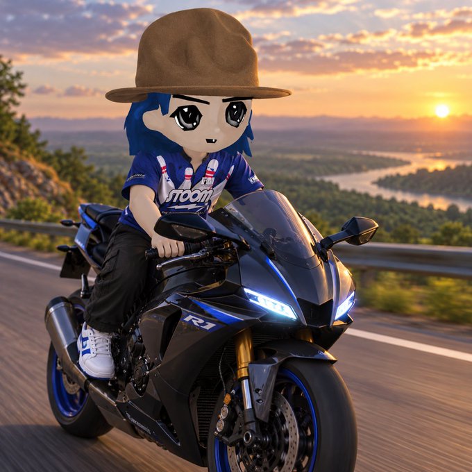 A 3D-rendered chibi-style character with blue hair wearing a brown hat and a blue jersey, riding a black and blue Yamaha R1 motorcycle along a scenic road at sunset.