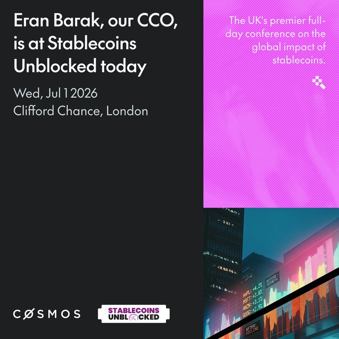 Eran Barak, our CCO, is attending Stablecoins Unblocked today, Wed, Jul 1 2026, at Clifford Chance, London. The image complements the post by visually representing the event's theme of stablecoins and digital finance with a stock market graph.
