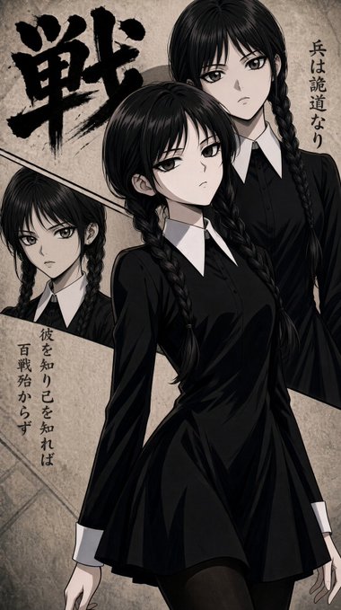 An anime-style poster featuring three girls with long braided black hair wearing black dresses and white collars, with large Japanese kanji reading '戦' and vertical Japanese text on the sides.