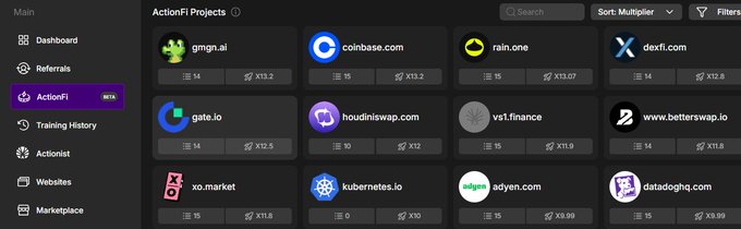 A dashboard interface for 'ActionFI Projects' showing various cryptocurrency and tech websites including gmgn.ai, coinbase.com, rain.one, dexfi.com, gate.io, houdiniswap.com, ys1.finance, www.betterswap.io, xo.market, kubernetes.io, adyen.com, and datadoghq.com.