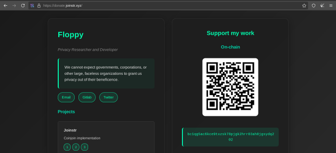 A personal website for 'Floppy', a Privacy Researcher and Developer, displaying projects like 'Joinstr' (a coinjoin implementation) and an on-chain support QR code.