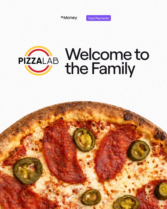 The image features a promotional graphic from PizzaLab with a "Welcome to the Family" message alongside a close-up photo of a pepperoni and jalapeño pizza, framed by logos for Money and Card Payments, suggesting PizzaLab's new acceptance of card payment services.