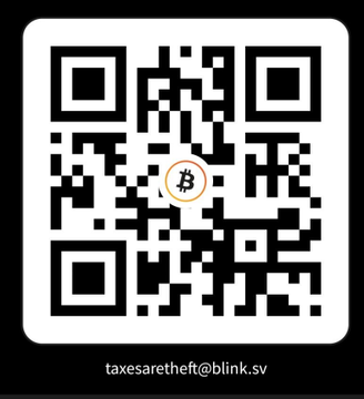 A Bitcoin QR code displayed on a black background with the caption 'taxesaretheft@blink.sv' underneath.